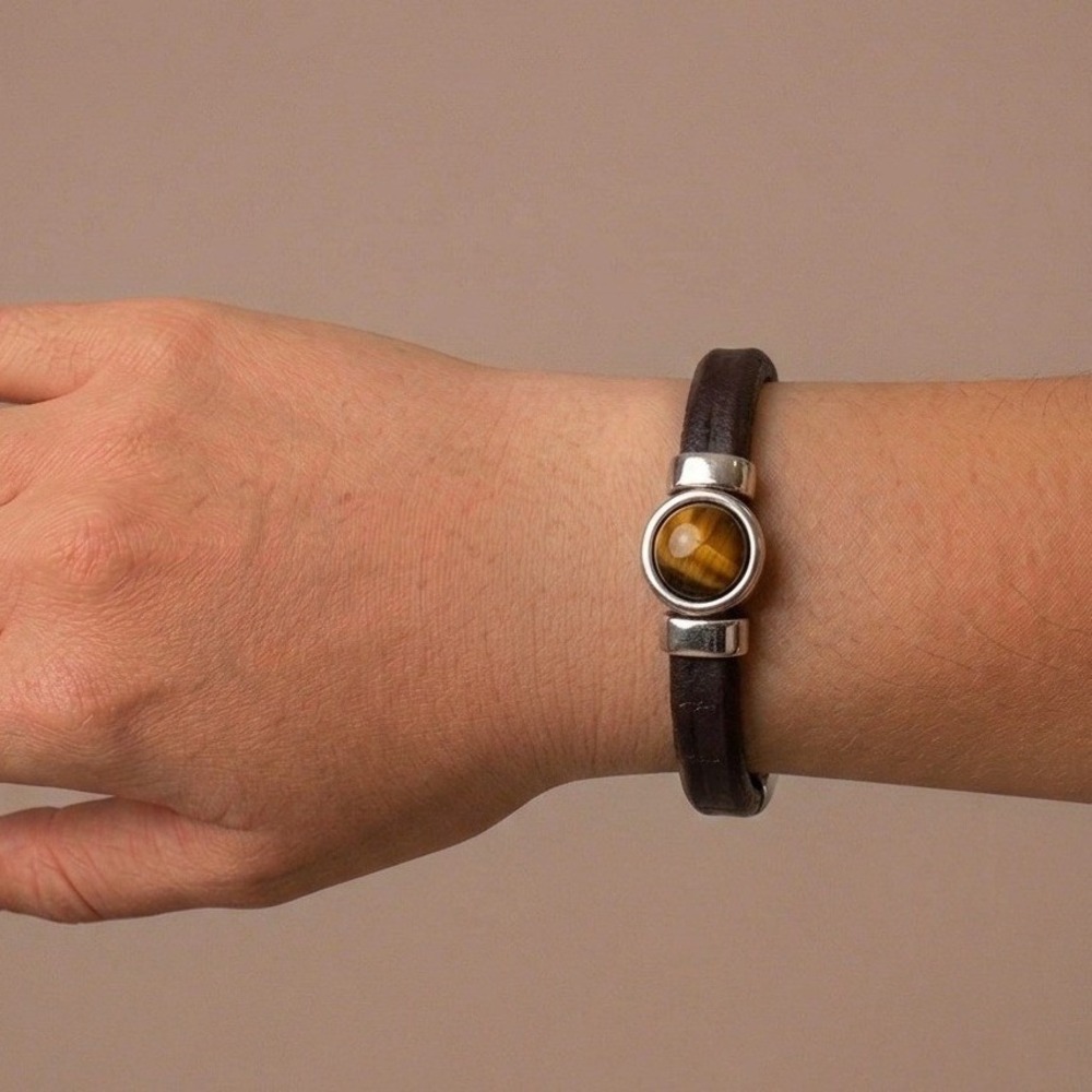 Tigers Eye Genuine Leather Bracelet Unisex Mens 7.5 Brown Gemstone Western Rodeo